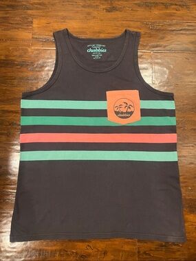Chubbies Dark 100% Cotton Grey Tank w/ Mint Green Stripes & Coral Pocket Sixe M